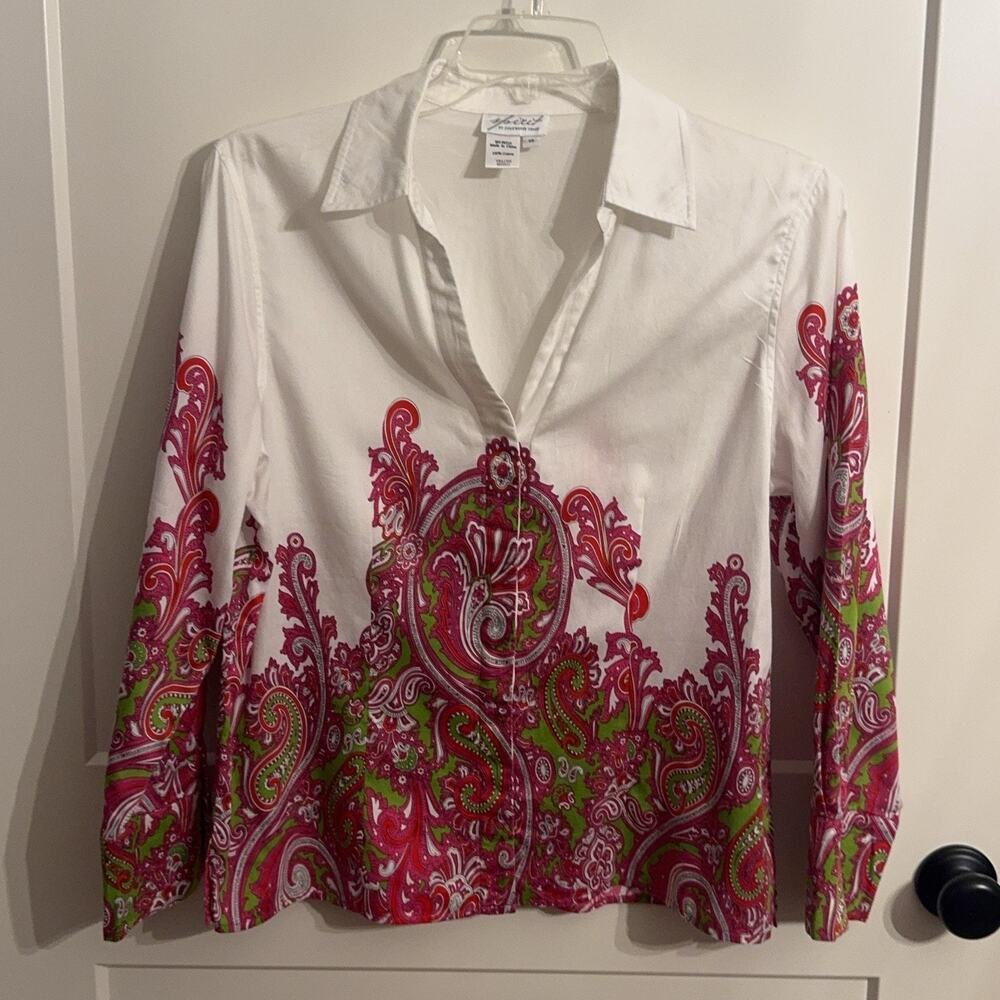 Spirit By Coldwater Creek Shirt Womens 14 White Pink Green Paisley Button Cotton
